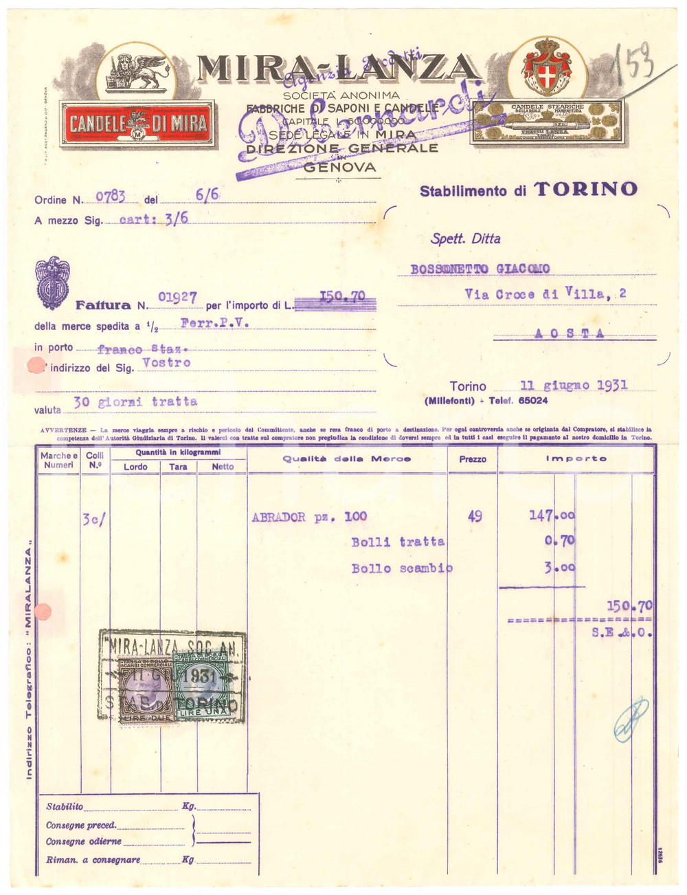 1931 TORINO - Società Anonima MIRA-LANZA Fabbrica saponi e candele - Fattura
