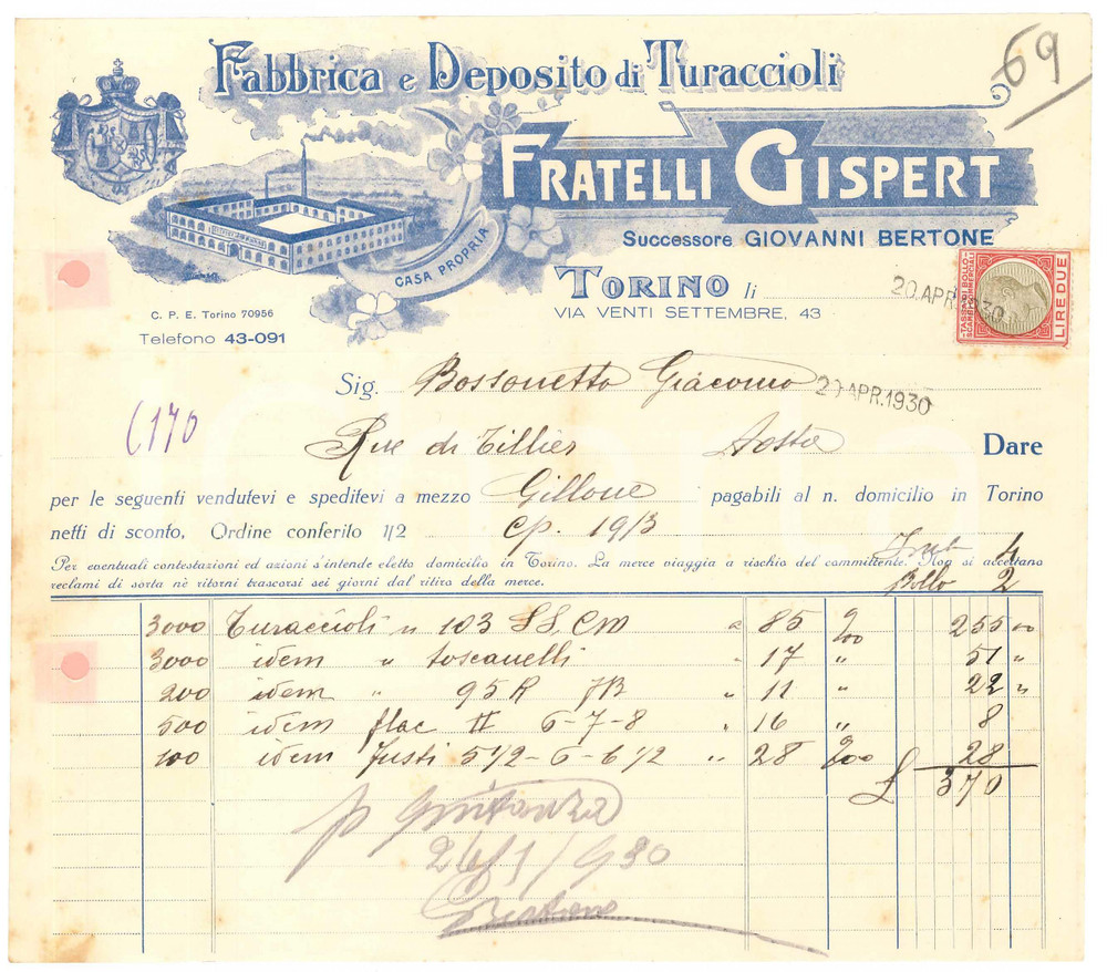 1930 TORINO Via XX Settembre 43 - Fratelli GISPERT Fabbrica turaccioli ^Fattura Fattura commerciale d'epoca manoscritta, su carta intestata illustrata.Presente marca da bollo.PAGINE: 1 CONDIZIONI:FAIR/discreto piegature d'epoca; fori da classificatore; fioritureFORMATO: 22x19 cm originale e autentica 1