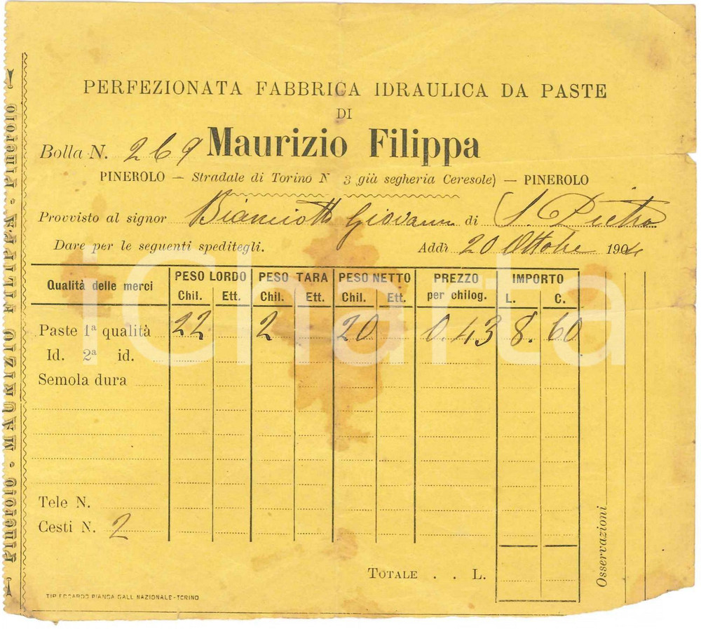 1904 PINEROLO Maurizio FILIPPA Fabbrica idraulica da paste - Fattura