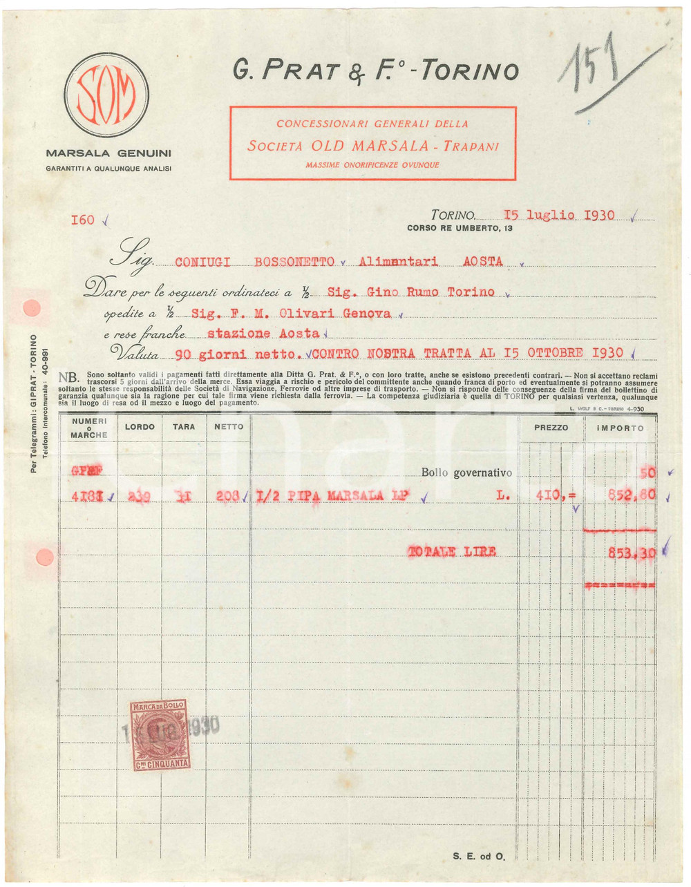 1930 TORINO Corso Re Umberto 13 - G. PRAT & F.o Marsala genuini - Fattura
