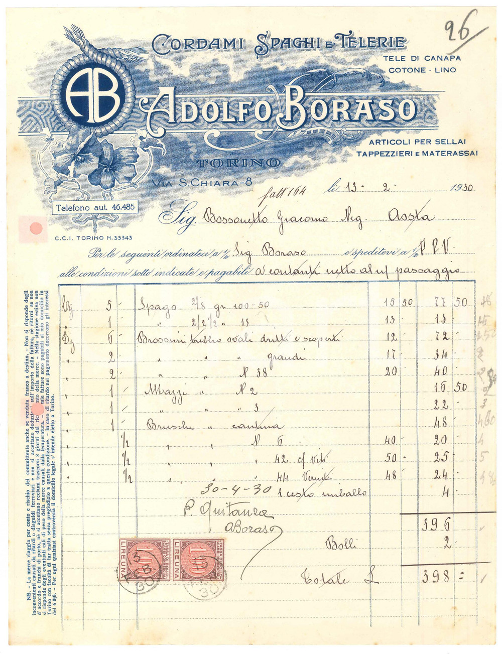 1930 TORINO Via S. Chiara 8 - Adolfo BORASO Cordami Spaghi e Telerie ^Fattura