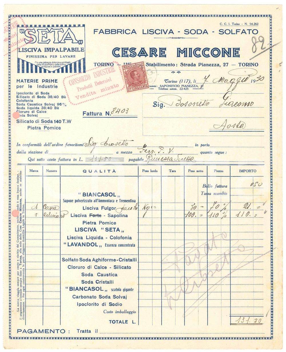 1930 TORINO Strada Pianezza 27 Cesare MICCONE Lisciva Soda Solfato - Fattura (1)
