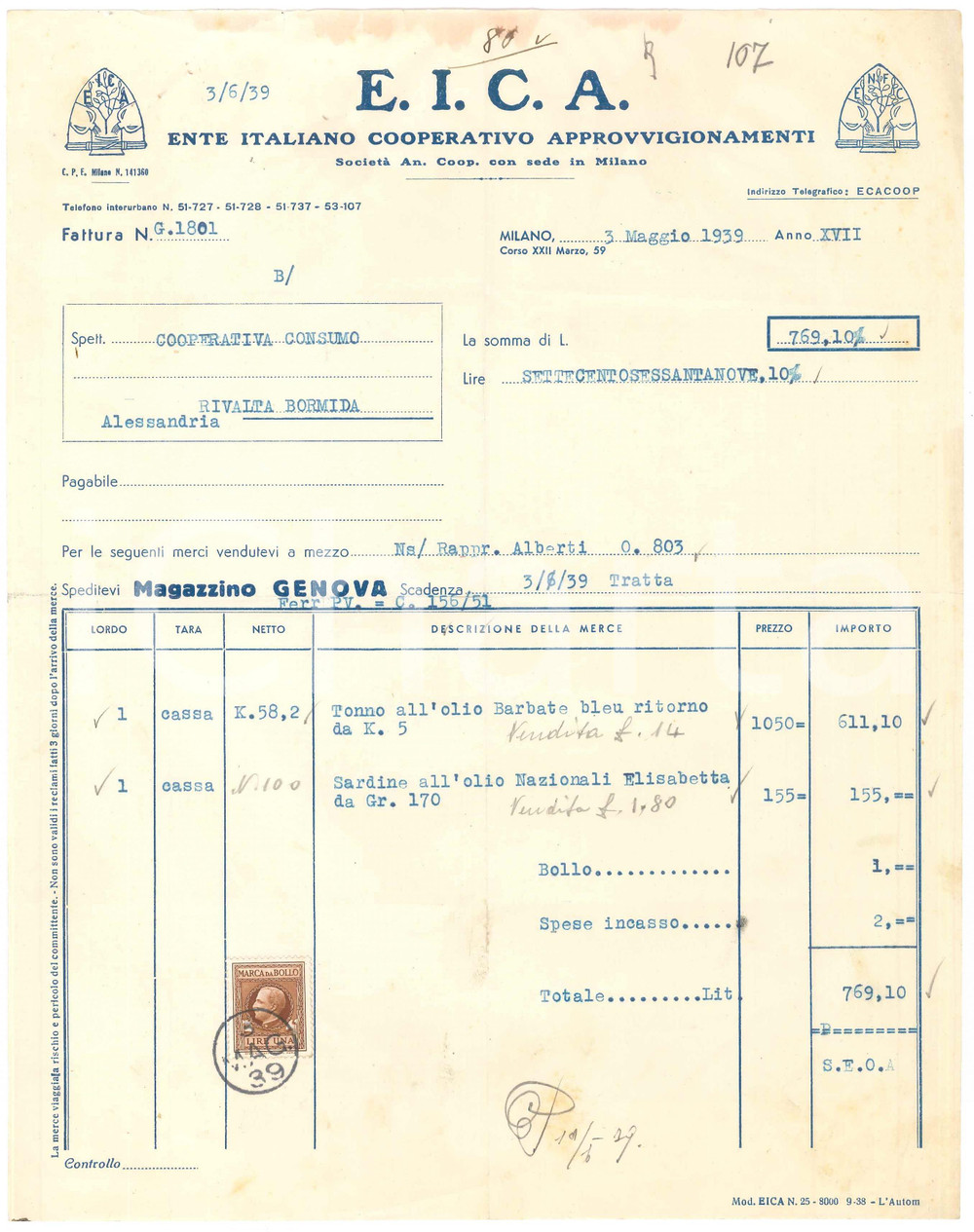 1939 MILANO C.so XXII Marzo EICA Ente Cooperativo Approvvigionamenti Fattura (7)