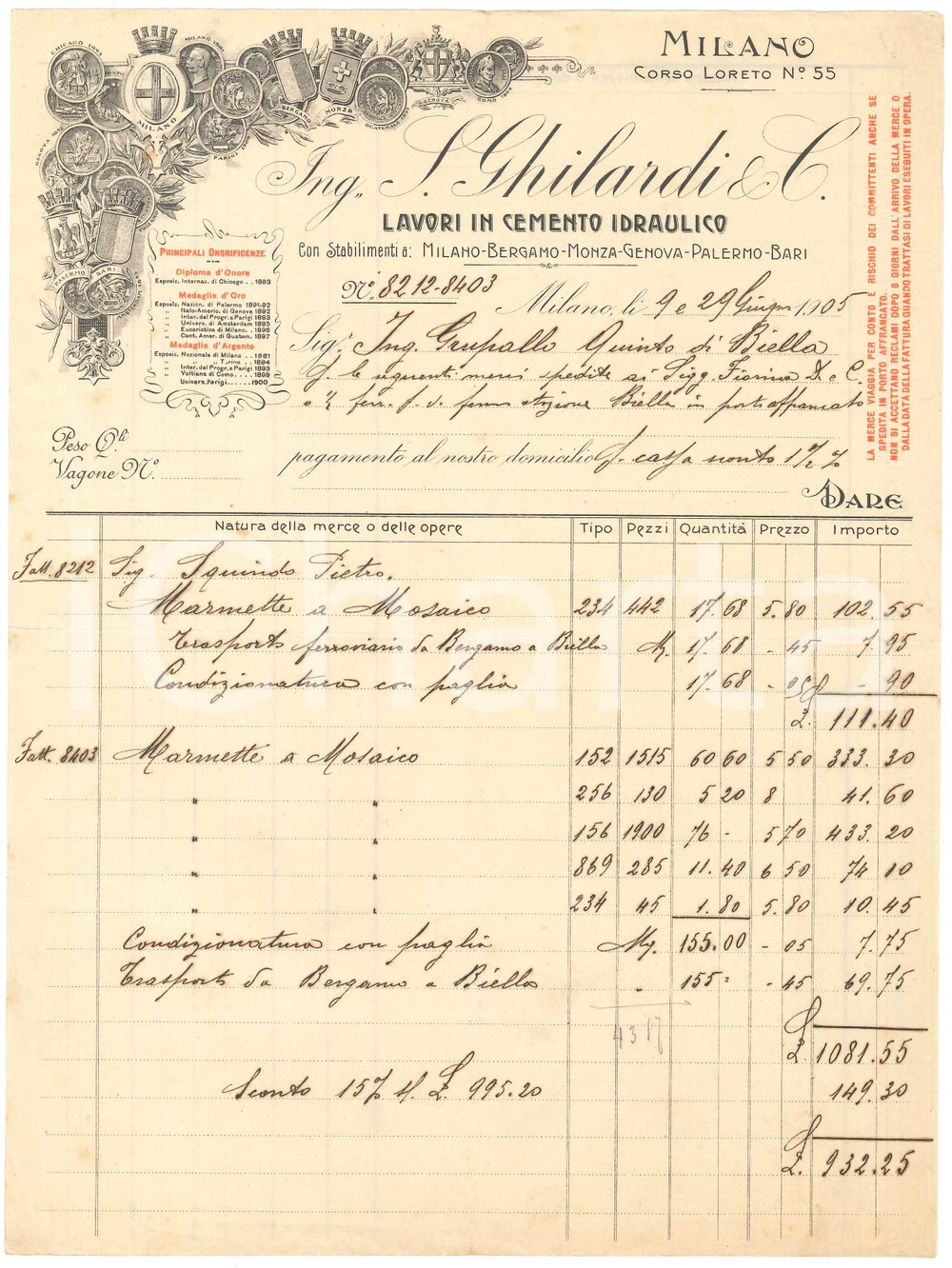 1905 MILANO Corso Loreto 55 - Ing. L. GHILARDI & C. Lavori in cemento - Fattura