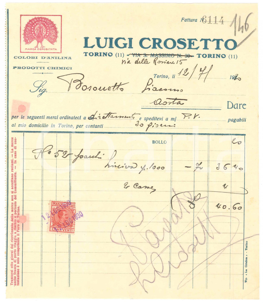 1930 TORINO Via S. Massimo 30 - Luigi CROSETTO Colori d'anilina - Fattura