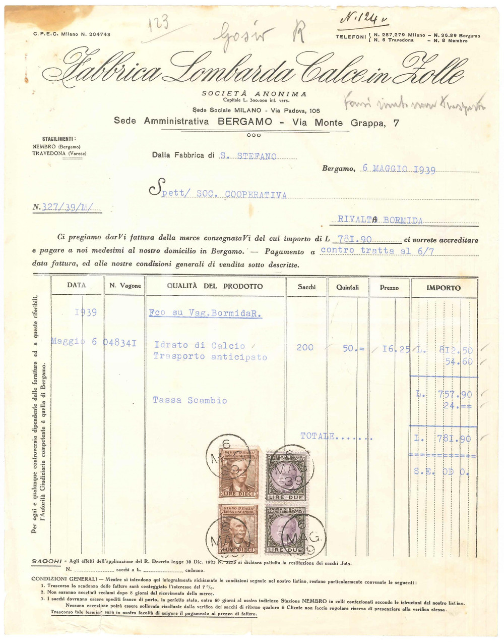 1939 BERGAMO Via Monte Grappa 7 - Fabbrica Lombarda Calce in Zolle - Fattura