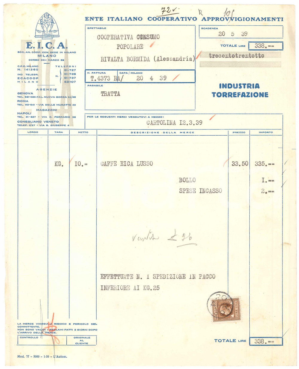 1939 MILANO C.so XXII Marzo EICA Ente Cooperativo Approvvigionamenti Fattura (5)