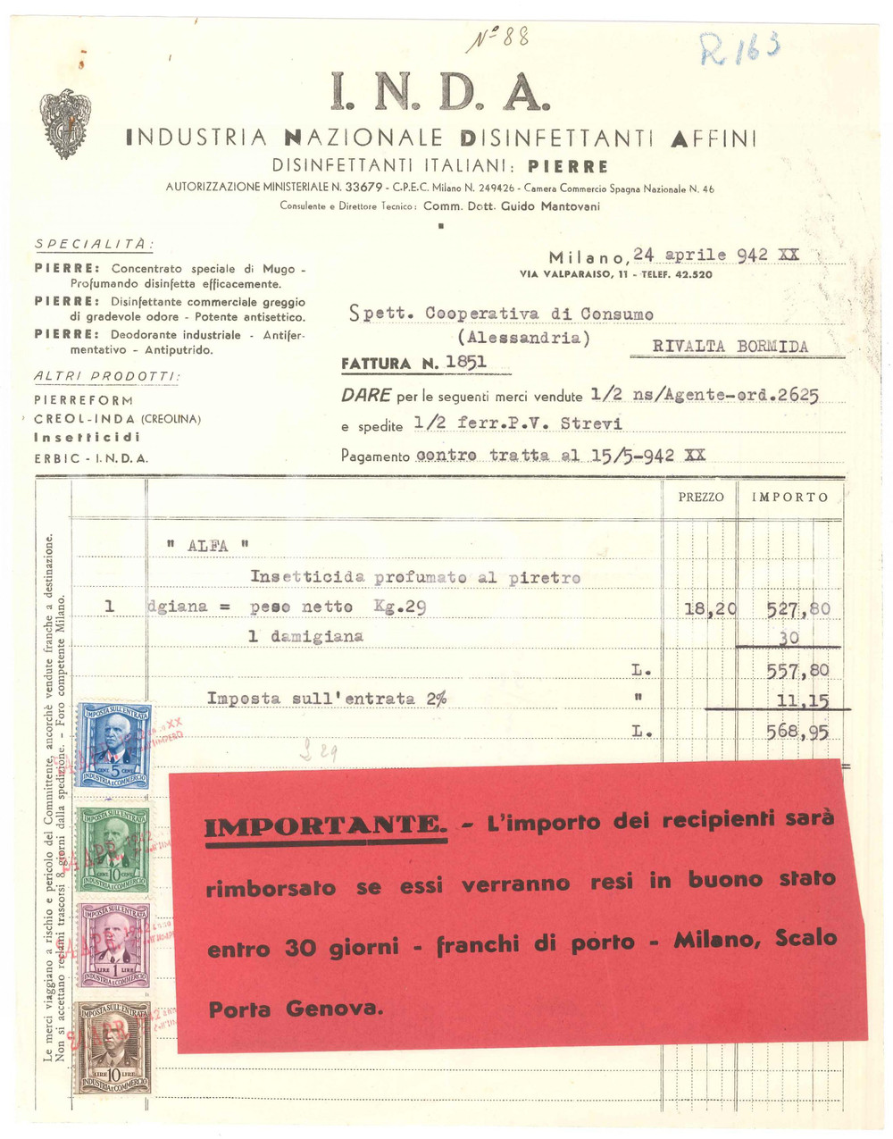 1942 MILANO Via Valparaiso 11 - INDA Industria Disinfettanti Affini - Fattura