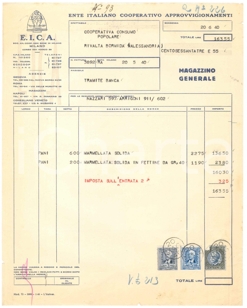 1940 MILANO C.so XXII Marzo EICA Ente Cooperativo Approvvigionamenti Fattura (8)
