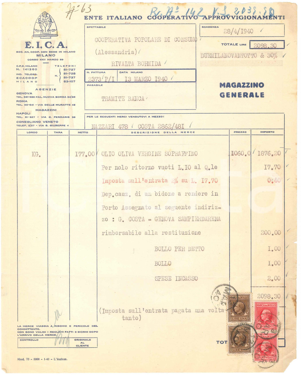 1940 MILANO C.so XXII Marzo EICA Ente Cooperativo Approvvigionamenti Fattura (9)