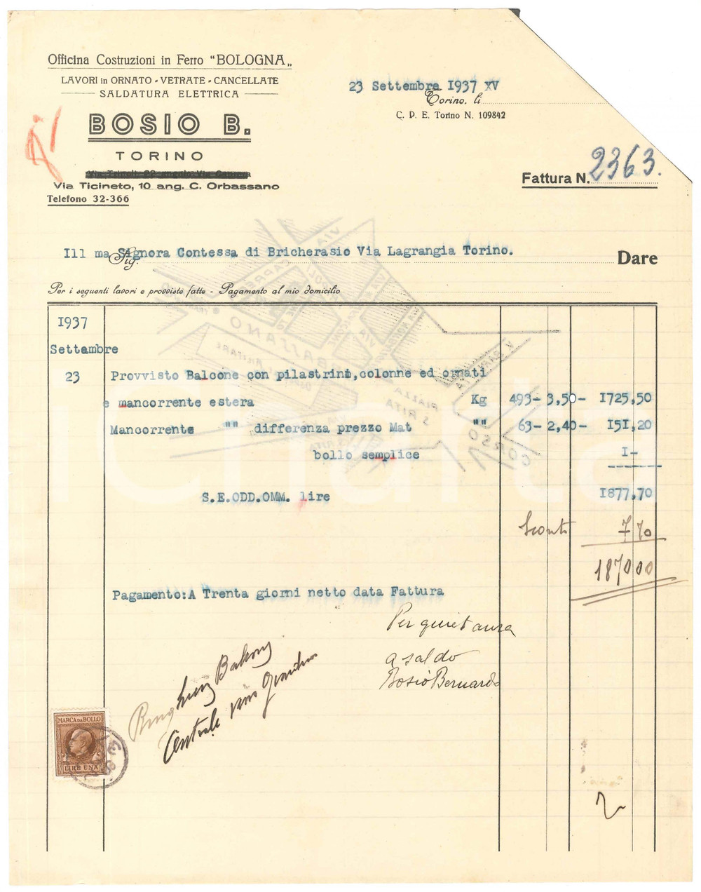 1937 TORINO Via Ticineto - BOSIO B. Costruzioni in Ferro "Bologna" - Fattura (3)