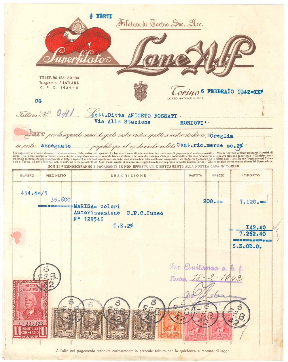 1942 TORINO Corso Antonelli 11-13 Lane A.L.F. Filatura di Torino S.A. - Fattura