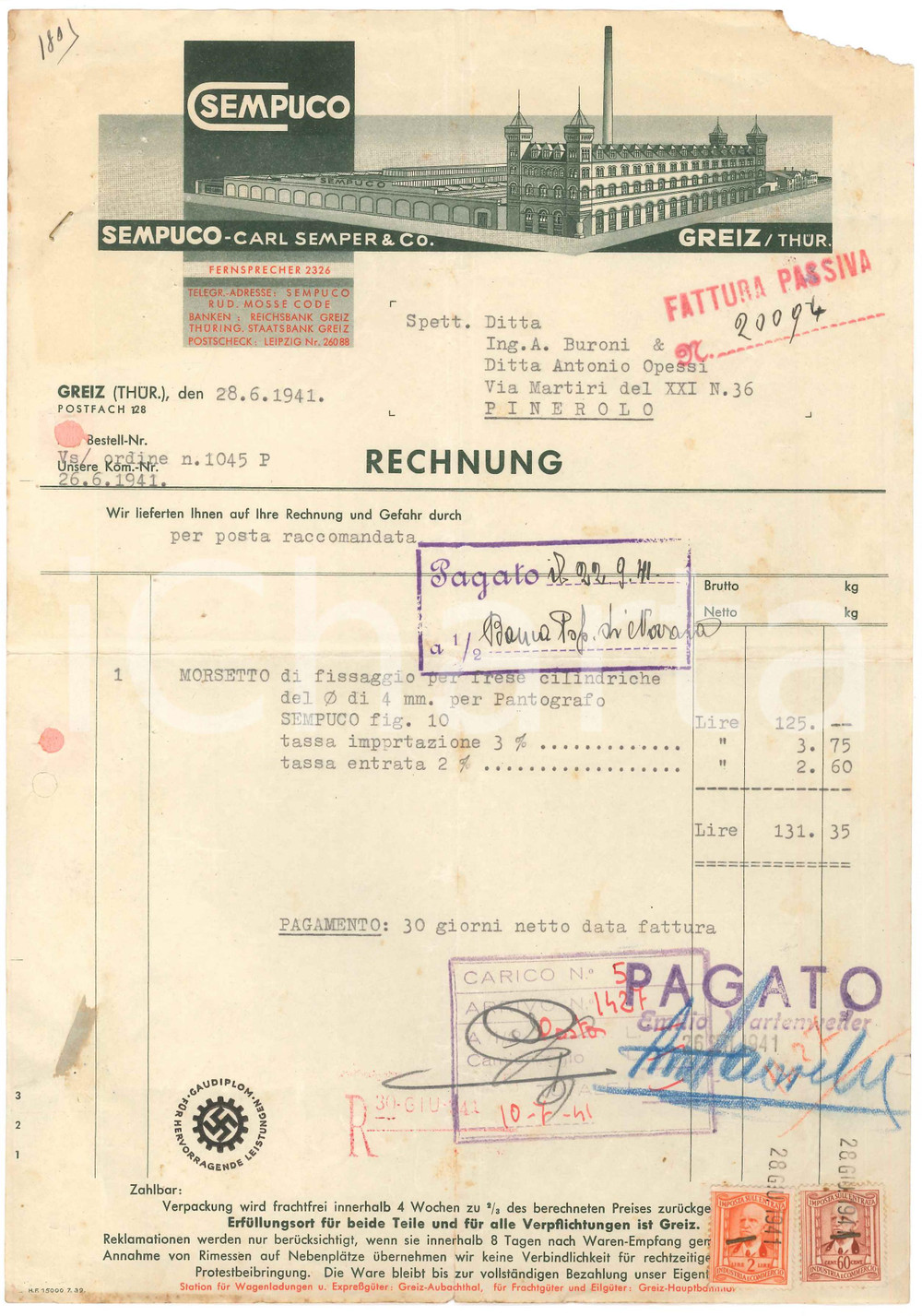 1941 GREIZ (D) SEMPUCO - Carl SEMPER - Fattura per morsetto