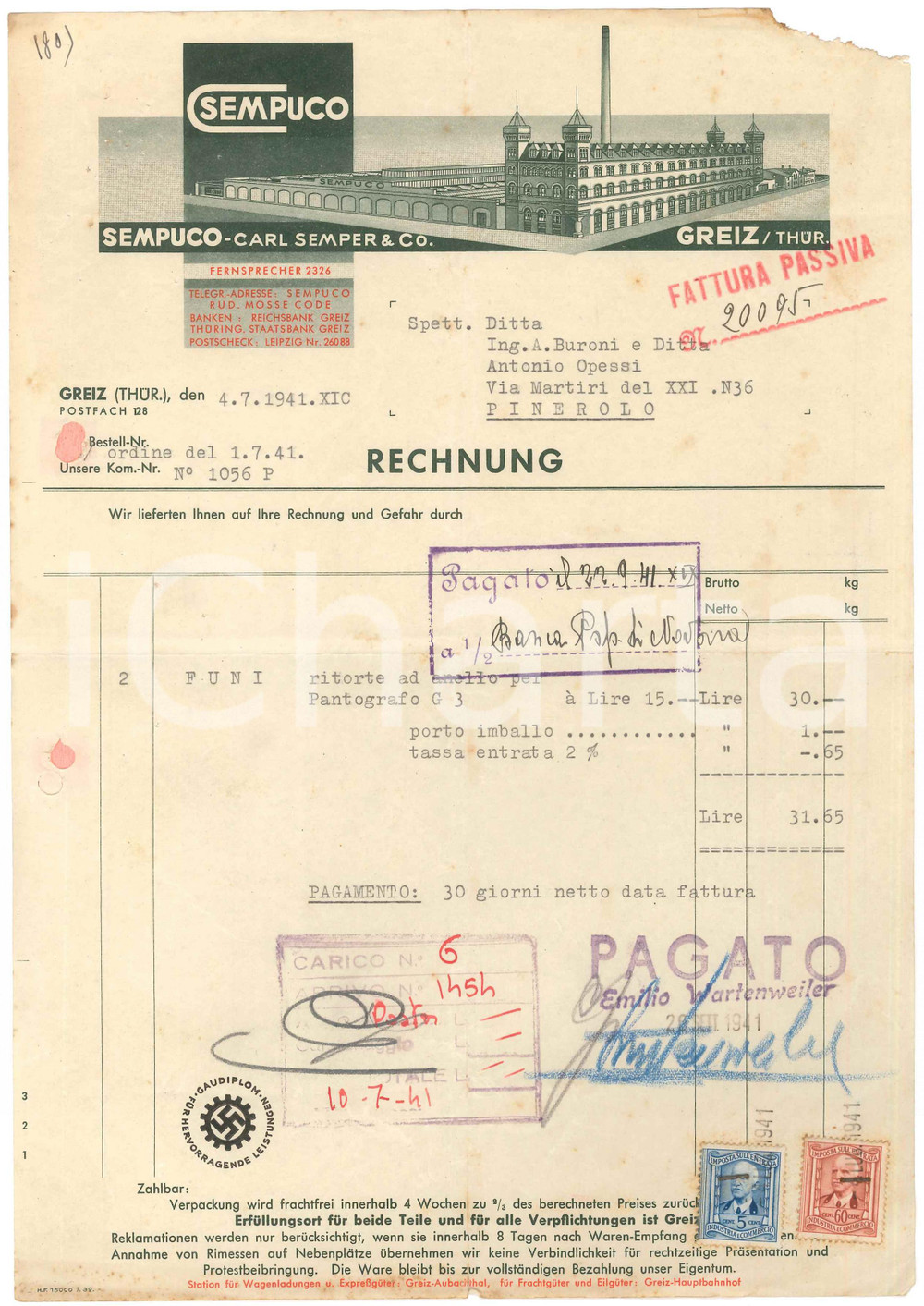 1941 GREIZ (D) SEMPUCO - Carl SEMPER - Fattura per funi ritorte