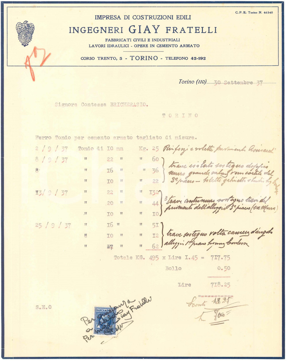 1937 TORINO Corso Trento 5 - Ingegneri GIAY Fratelli Costruzioni edili - Fattura