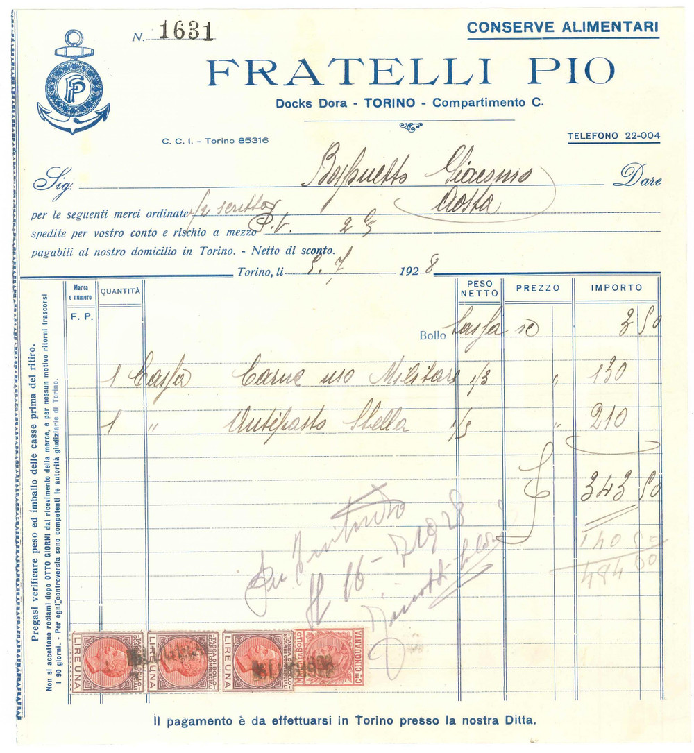 1928 TORINO Docks Dora - Fratelli PIO Conserve alimentari - Fattura commerciale
