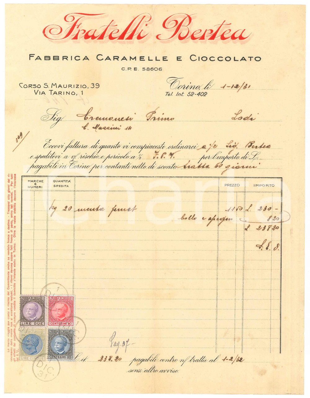 1931 TORINO Corso S. Maurizio - Fratelli BERTEA Caramelle e cioccolato *Fattura