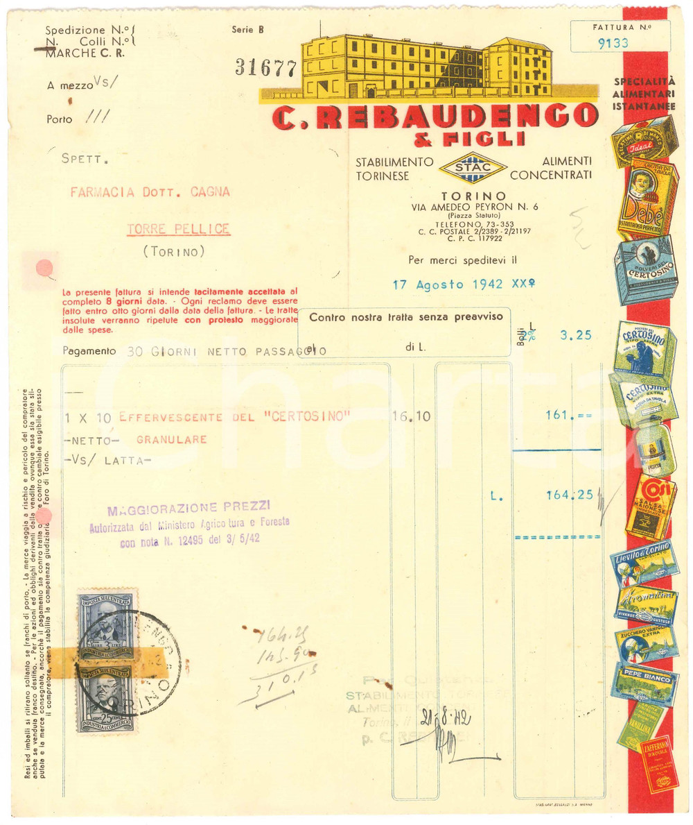 1942 TORINO Via A. Peyron - C. REBAUDENGO & Figli Alimenti concentrati - Fattura