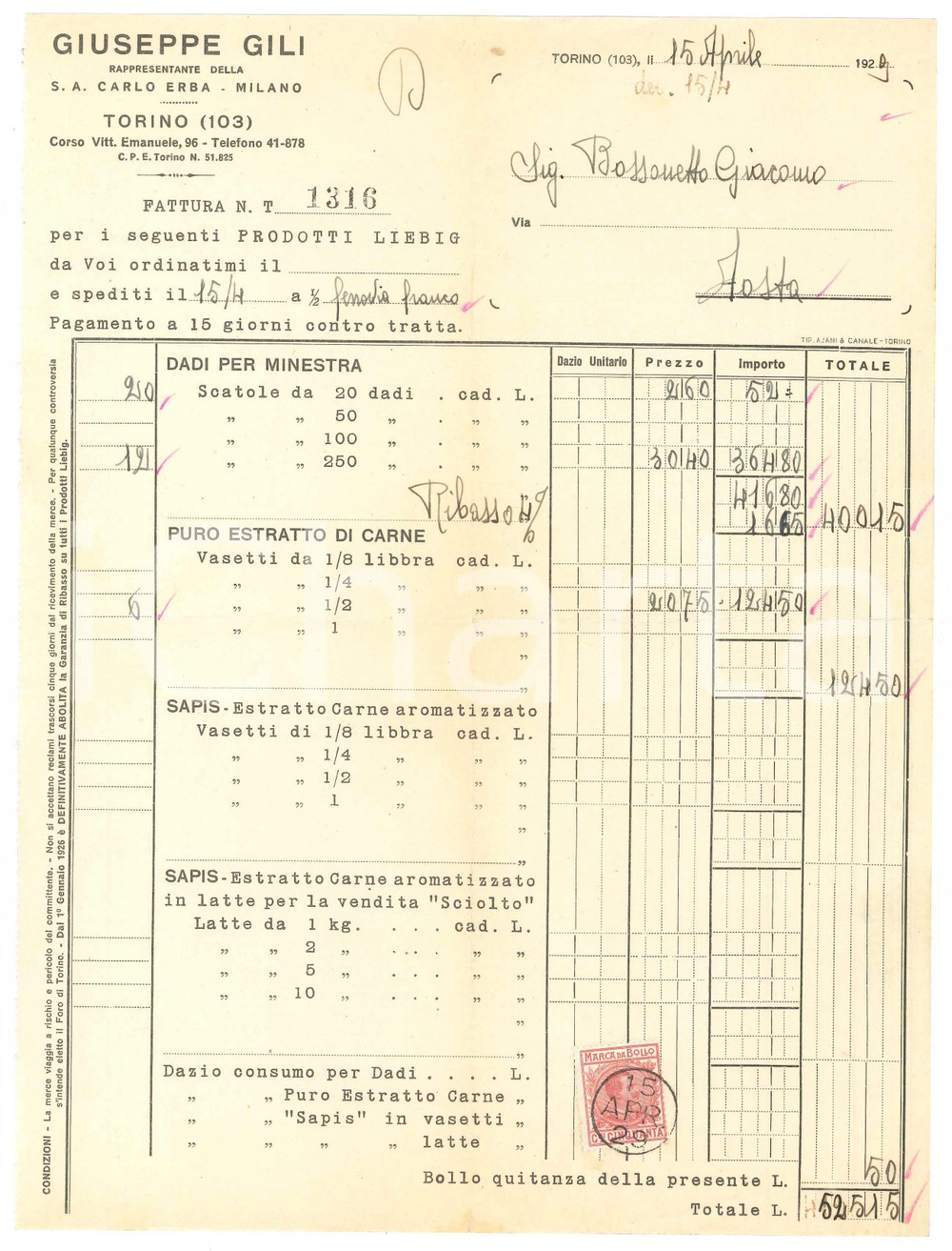 1929 TORINO Corso Vittorio Emanuele 96 - Giuseppe GILI Prodotti LIEBIG - Fattura