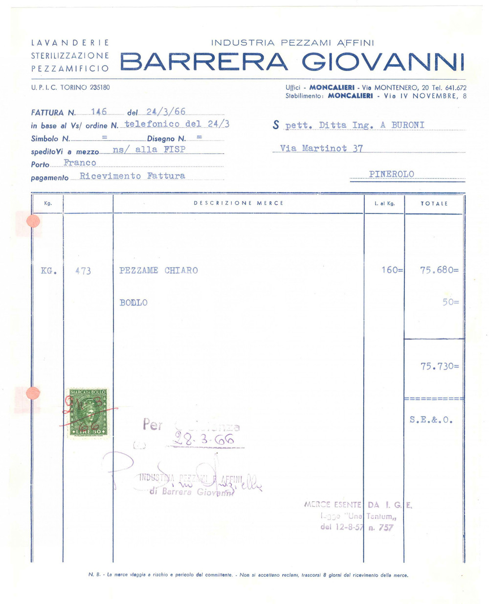 1966 MONCALIERI (TO) - Giovanni BARRERA Industria pezzami e affini - Fattura