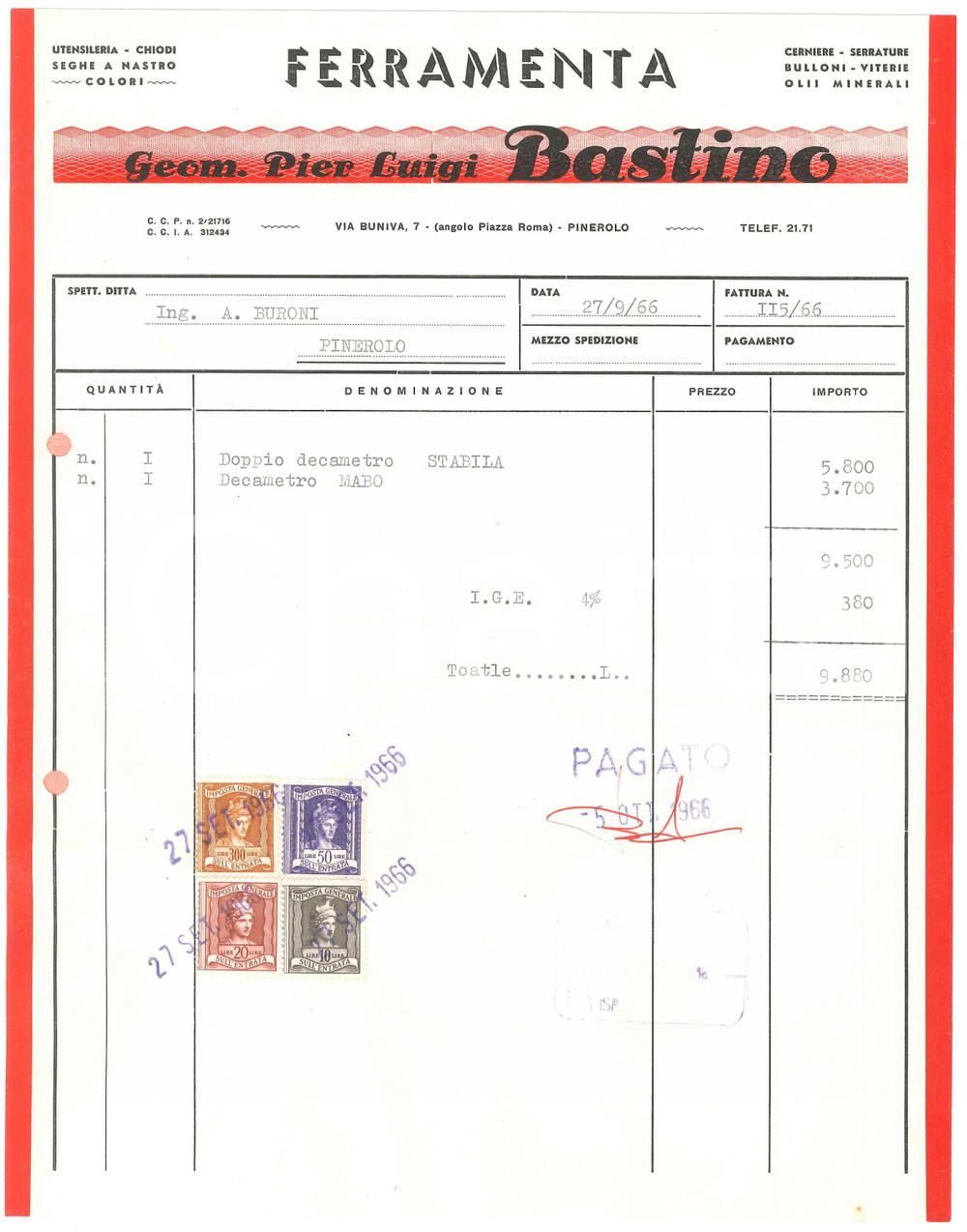 1966 PINEROLO (TO) Geom. Pier Luigi BASTINO Ferramenta - Fattura commerciale (2)