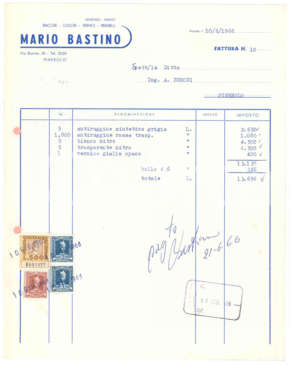 1966 PINEROLO (TO) - Mario BASTINO Biacche Colori Vernici Pennelli - Fattura
