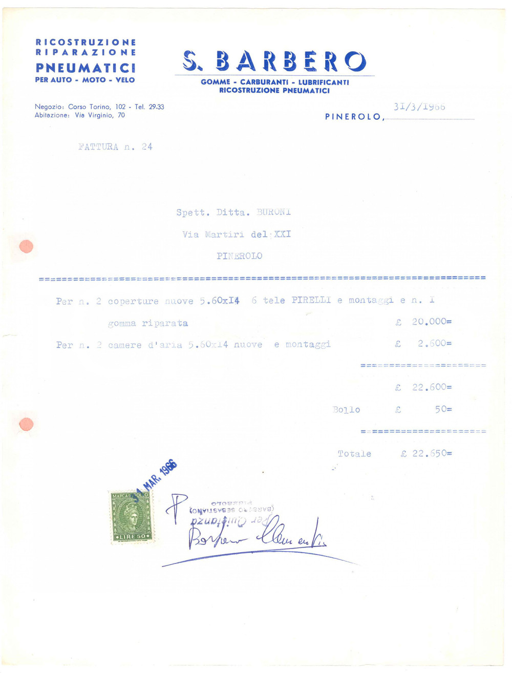 1966 PINEROLO (TO) - Sebastiano BARBERO Ricostruzione pneumatici - Fattura