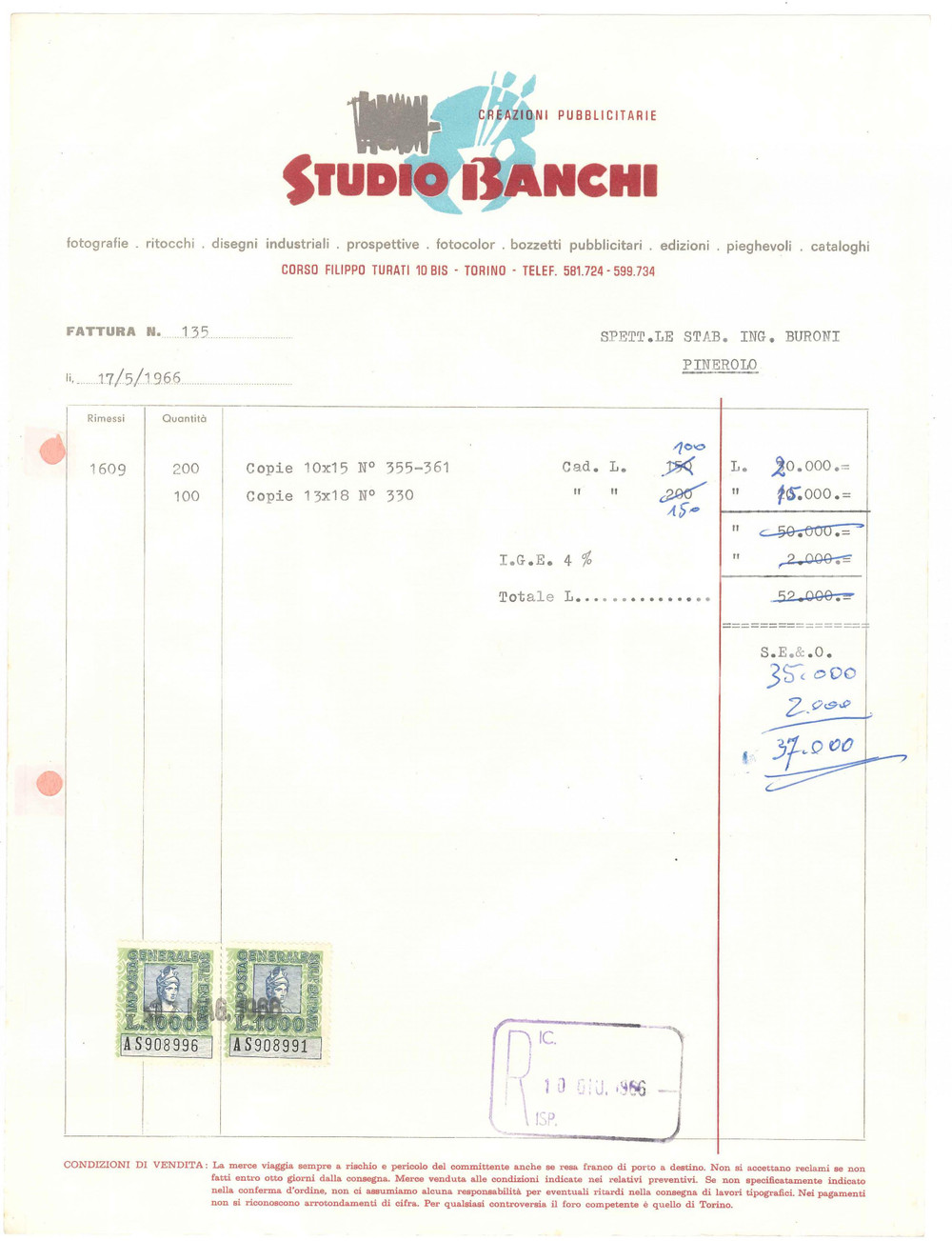 1966 PINEROLO (TO) - Studio BANCHI Creazioni pubblicitarie - Fattura (4)