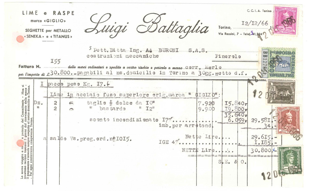 1966 TORINO Via Rossini 7 - Luigi BATTAGLIA Lime e raspe GIGLIO - Fattura (2)