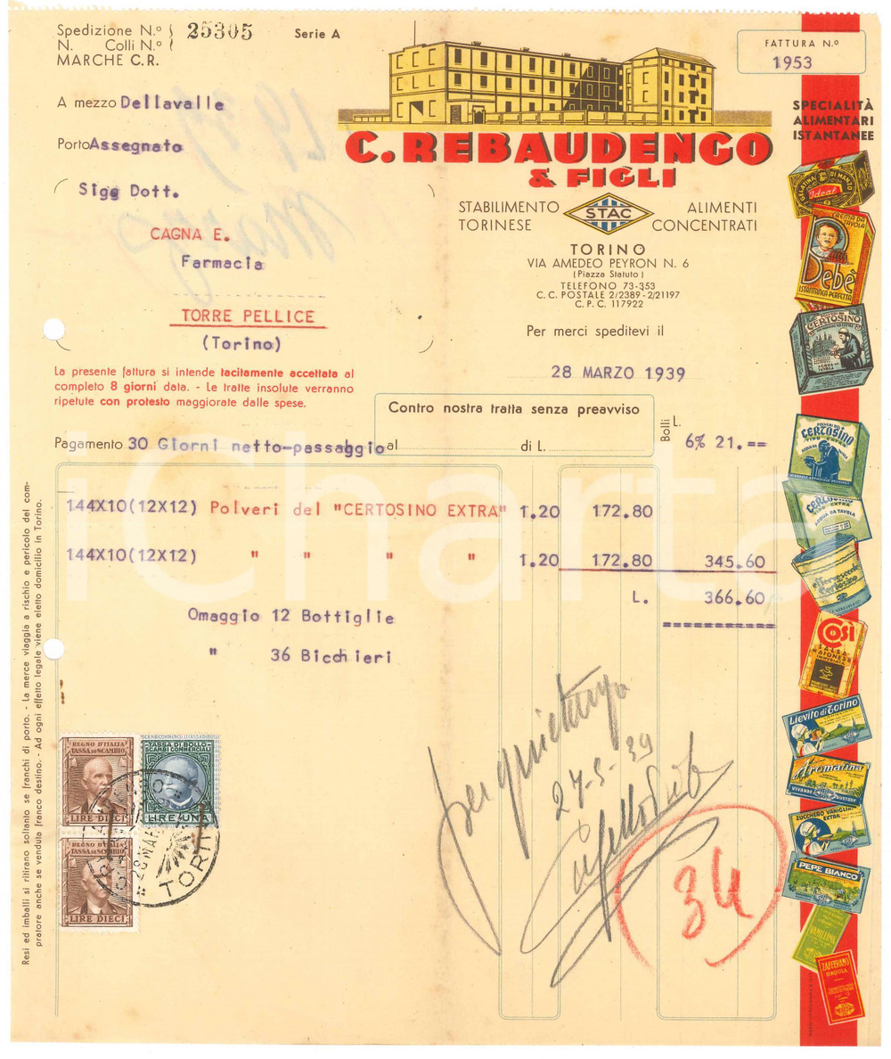 1939 TORINO Via A. Peyron - C. REBAUDENGO & Figli Alimenti concentrati *Fattura