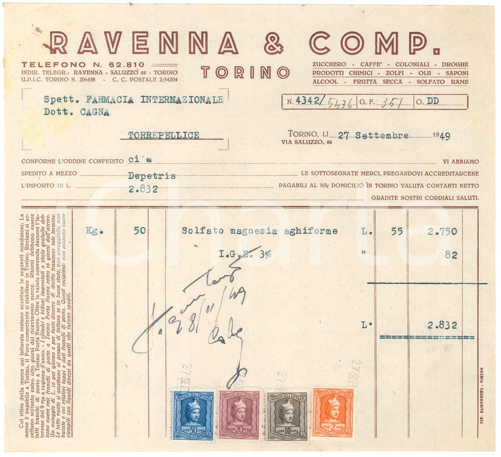 1949 TORINO Via Saluzzo 88 - RAVENNA & COMP. - Fattura per solfato di magnesio
