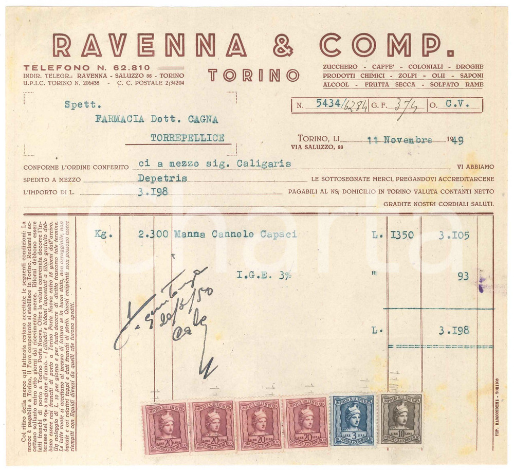 1949 TORINO Via Saluzzo 88 - RAVENNA & COMP. - Fattura per manna in cannoli (2)