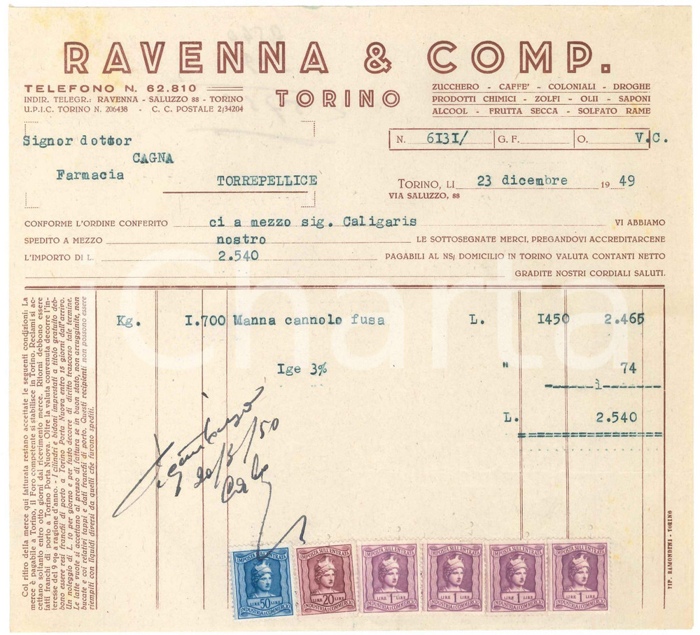 1949 TORINO Via Saluzzo 88 - RAVENNA & COMP. - Fattura per manna in cannoli (1) Fattura commerciale d'epoca dattiloscritta, su carta intestata.Presenti marche da bollo.PAGINE: 1 FAIR/discreto piegature d'epoca; lievi ingiallimenti Formato: 21x19 cm originale e autentica 1