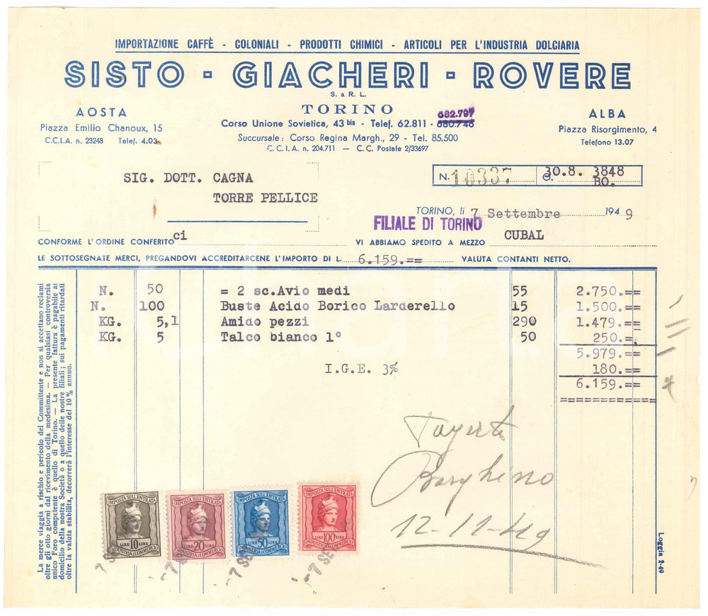 1949 TORINO Corso Unione Sovietica - SISTO GIACHERI ROVERE Coloniali *Fattura