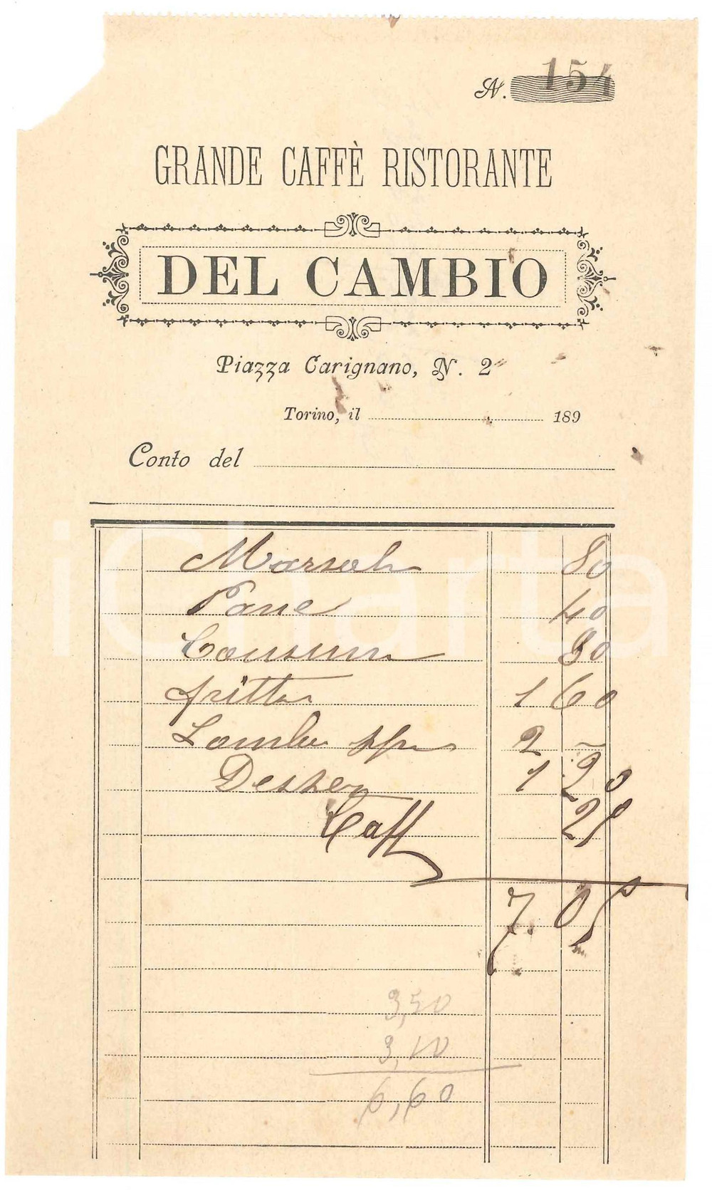 1890 ca TORINO Piazza Carignano 2 - Ristorante DEL CAMBIO - Conto (2)
