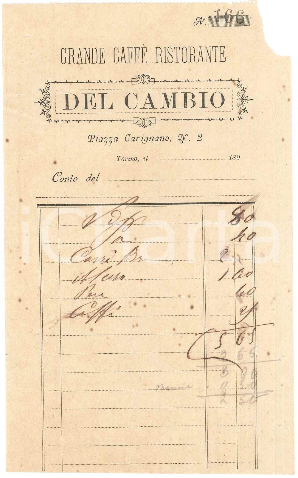 1890 ca TORINO Piazza Carignano 2 - Ristorante DEL CAMBIO - Conto (1)