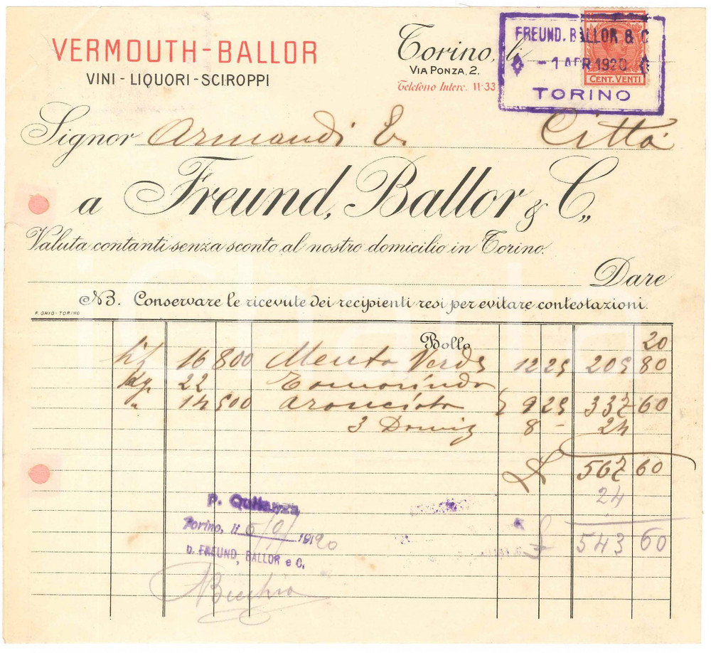 1920 TORINO Via Ponza 2 - FREUND, BALLOR & C. Vini Liquori Sciroppi - Fattura