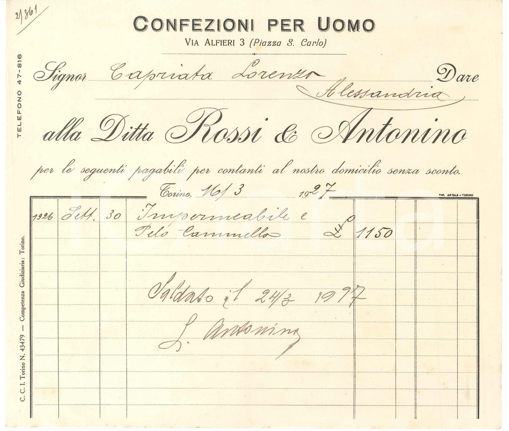 1927 TORINO Via Alfieri 3 - Ditta ROSSI & ANTONINO Confezioni per uomo - Fattura