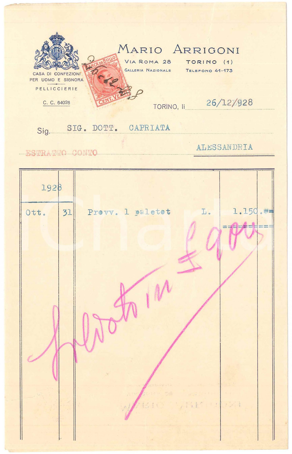 1928 TORINO via Roma 28 - Mario ARRIGONI Casa di confezioni - Fattura paletot Fattura commerciale d'epoca, dattiloscritta, su carta intestata. POOR/danneggiato piegature d'epoca; strappi marginali  originale e autentica 1