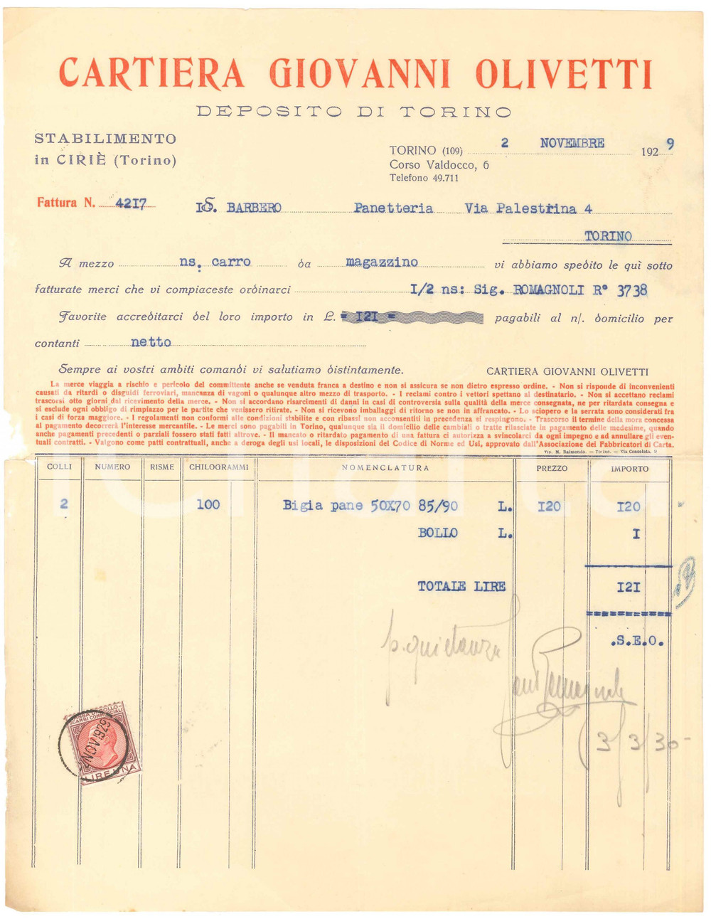 1929 TORINO Corso Valdocco 6 Cartiera Giovanni OLIVETTI - Fattura per bigia pane