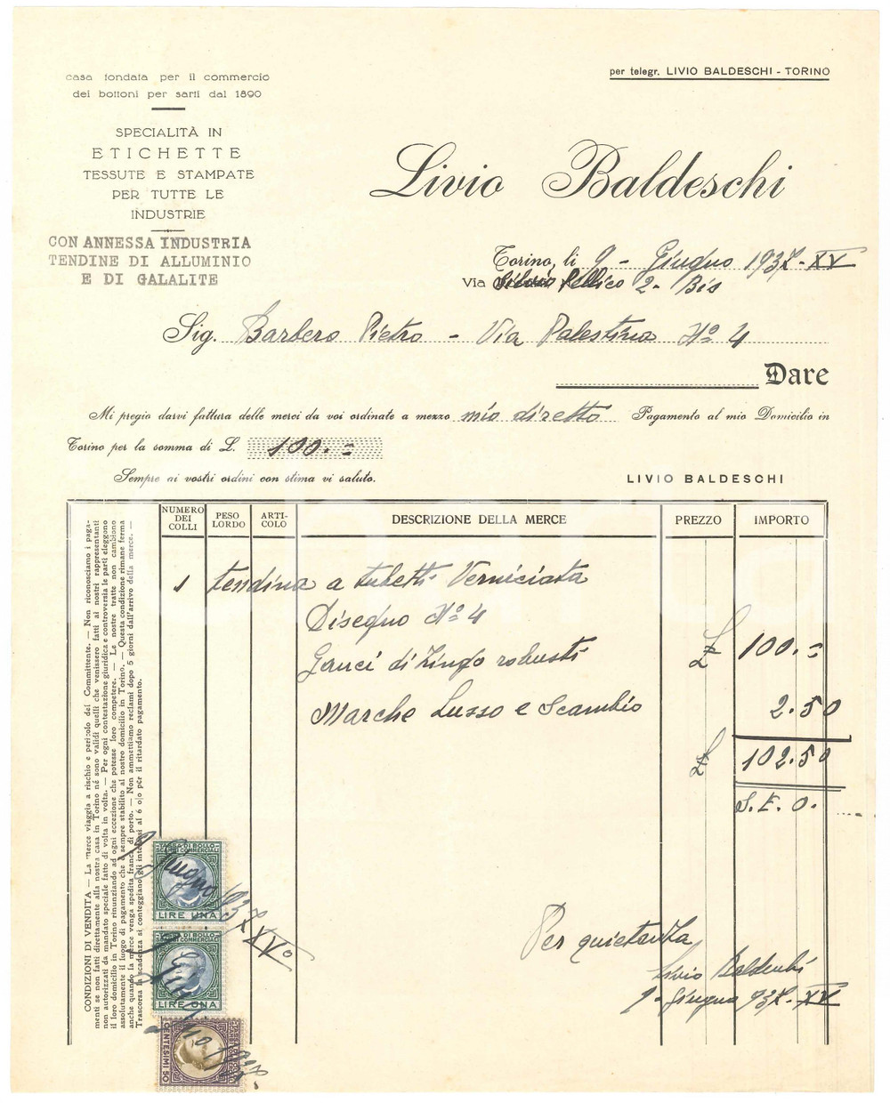 1937 TORINO Via S. Pellico 2 - Livio BALDESCHI Specialità in etichette - Fattura