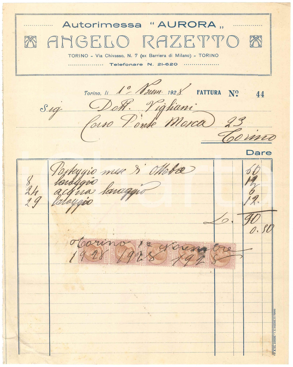 1928 TORINO Via Chivasso 7 - Autorimessa AURORA Angelo RAZETTO ^Fattura