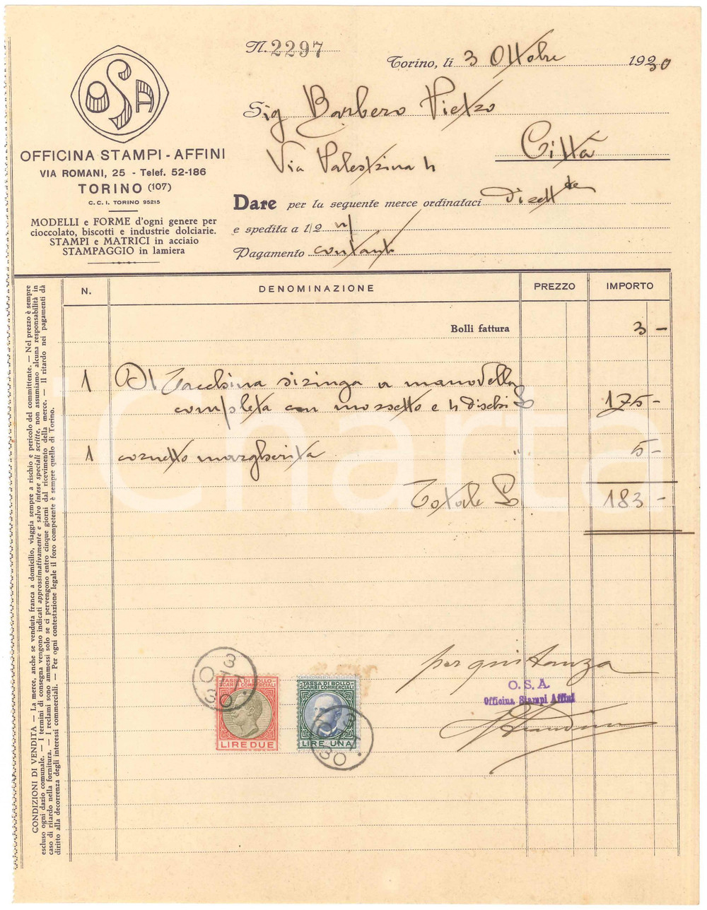 1930 TORINO Via Romani 25 - O.S.A. Officina Stampa Affini - Fattura commerciale