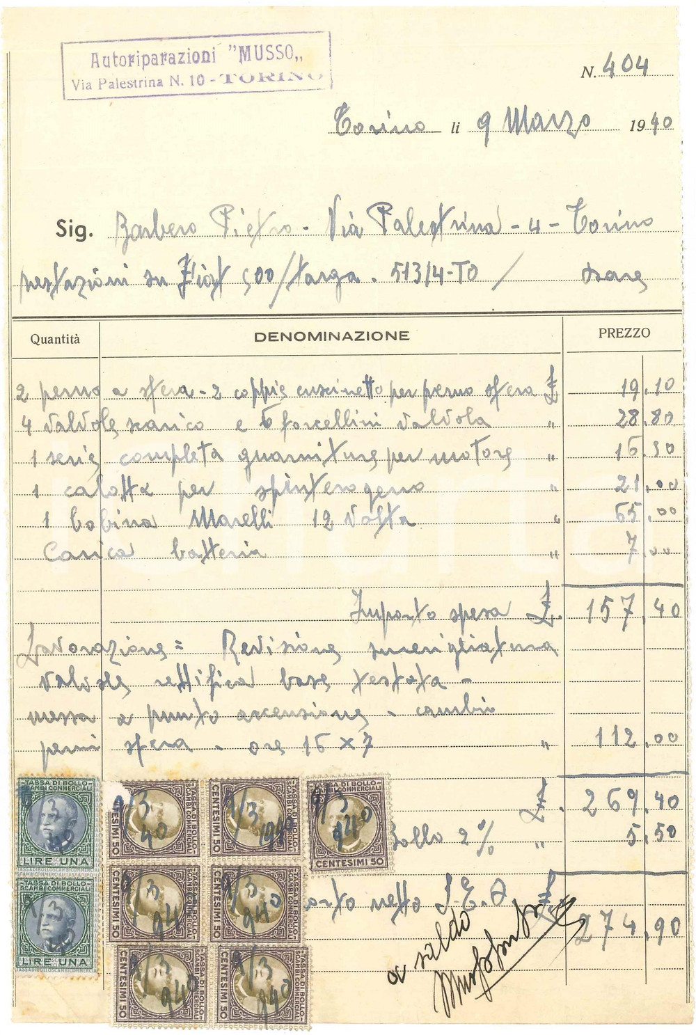 1940 TORINO via Palestrina 10 - Autoriparazioni MUSSO - Fattura