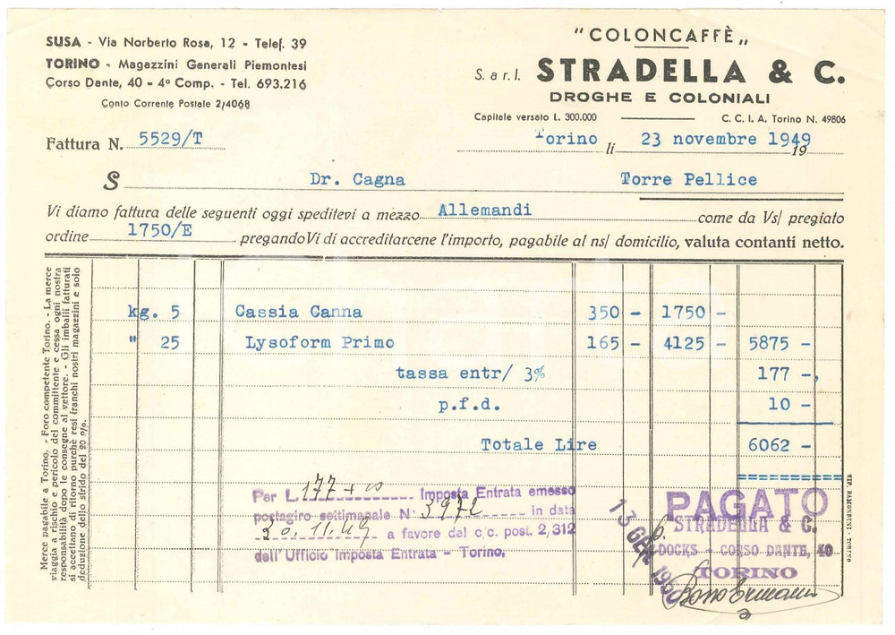 1949 TORINO Corso Dante 40 - "COLONCAFFÈ" S.r.l. STRADELLA & C. - Fattura