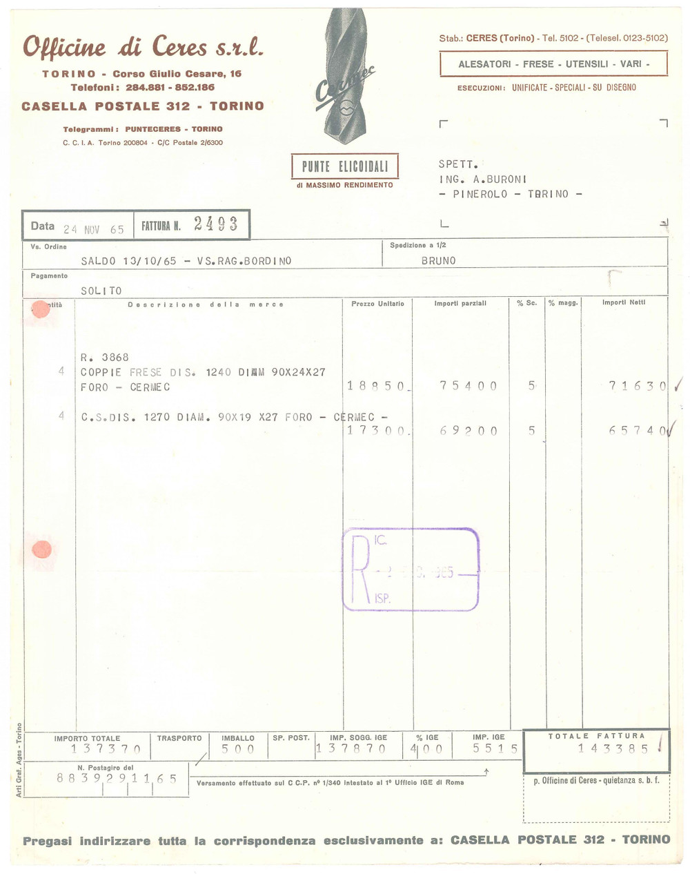1965 TORINO Corso Giulio Cesare 16 - OFFICINE DI CERES s.r.l. - Fattura