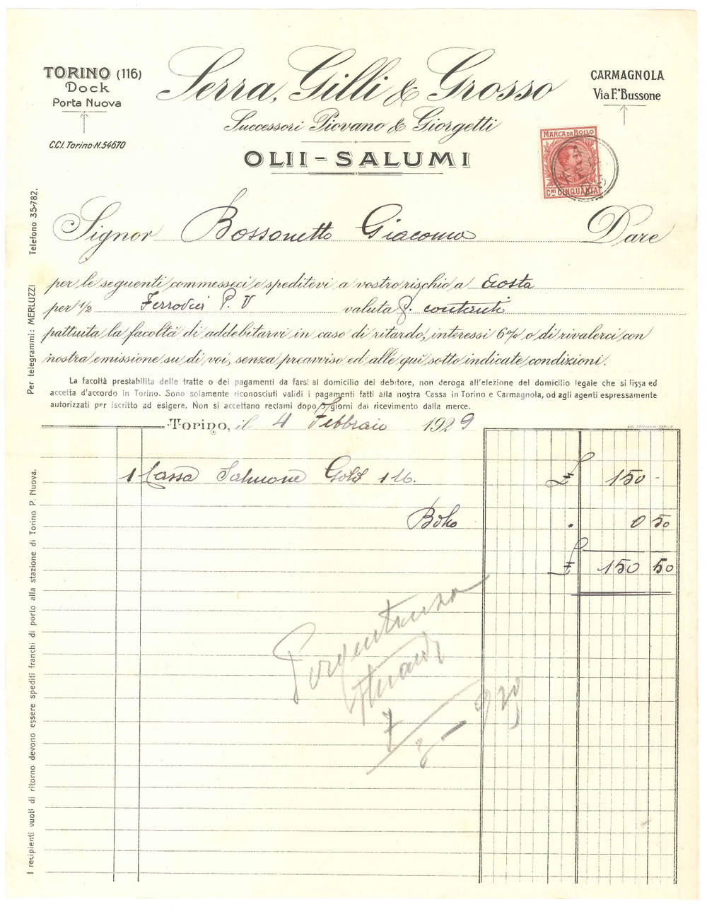 1929 TORINO Docks Porta Nuova - SERRA, GILLI & GROSSO - Fattura per salmone