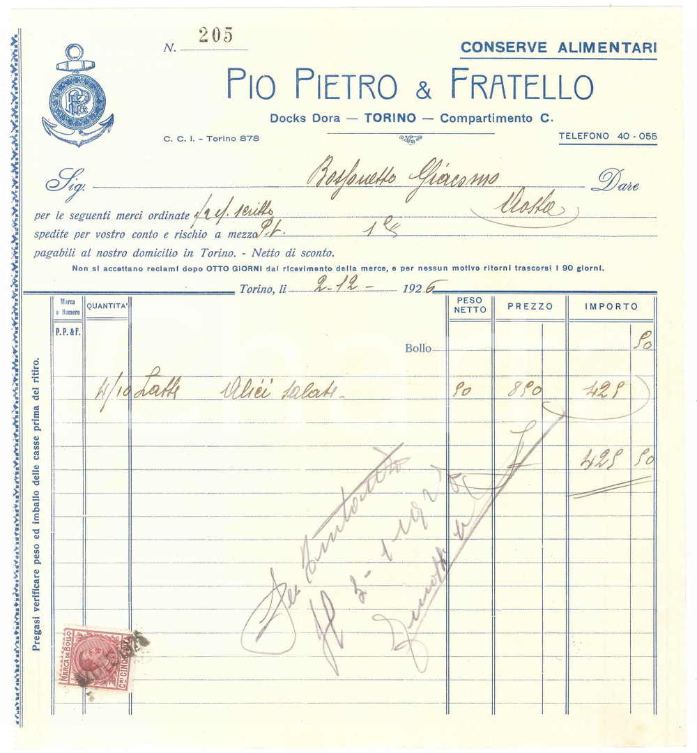 1926 TORINO Docks Dora - Pio Pietro & Fratello Conserve alimentari - Fattura (2)
