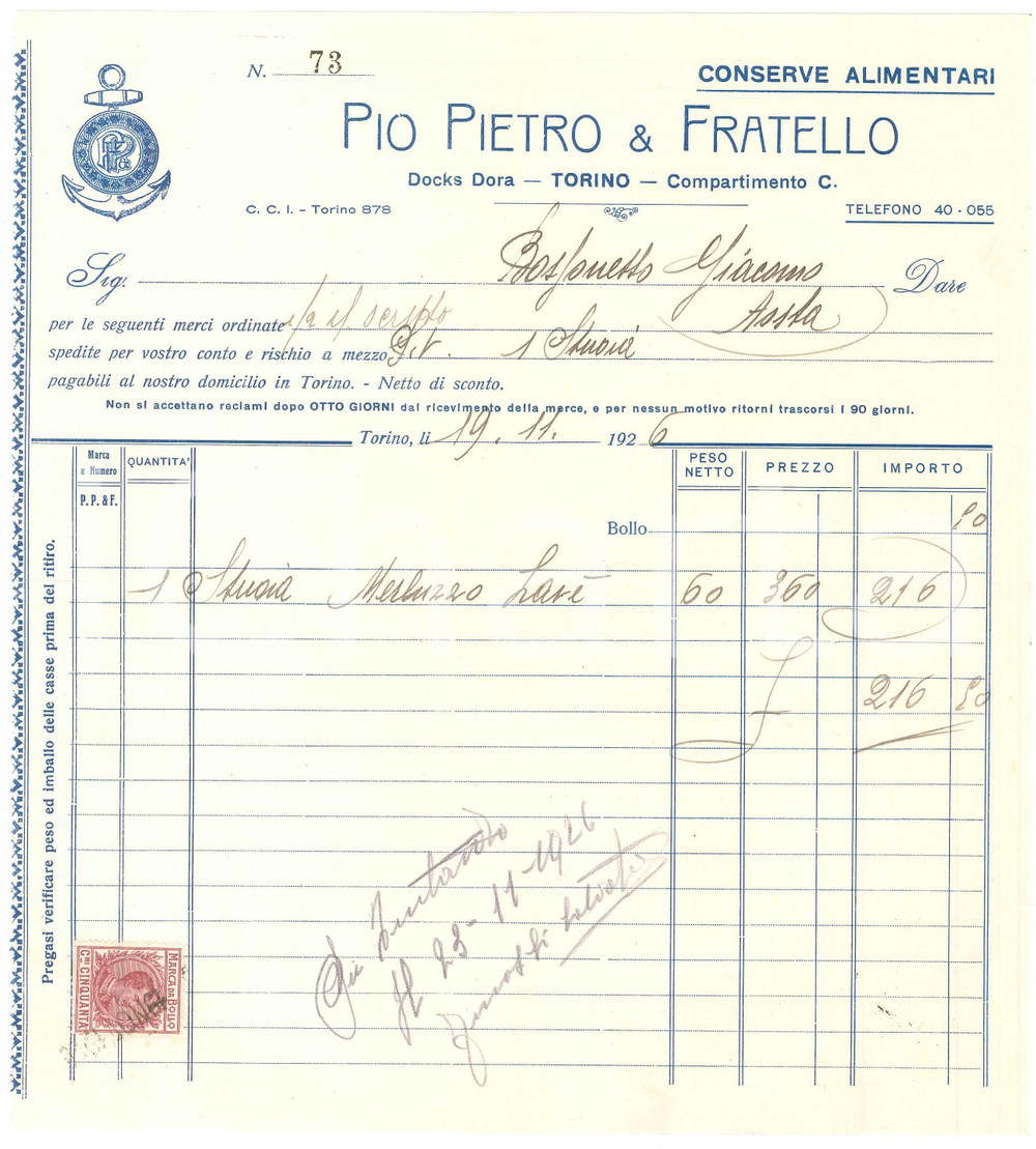1926 TORINO Docks Dora - Pio Pietro & Fratello Conserve alimentari - Fattura (3)