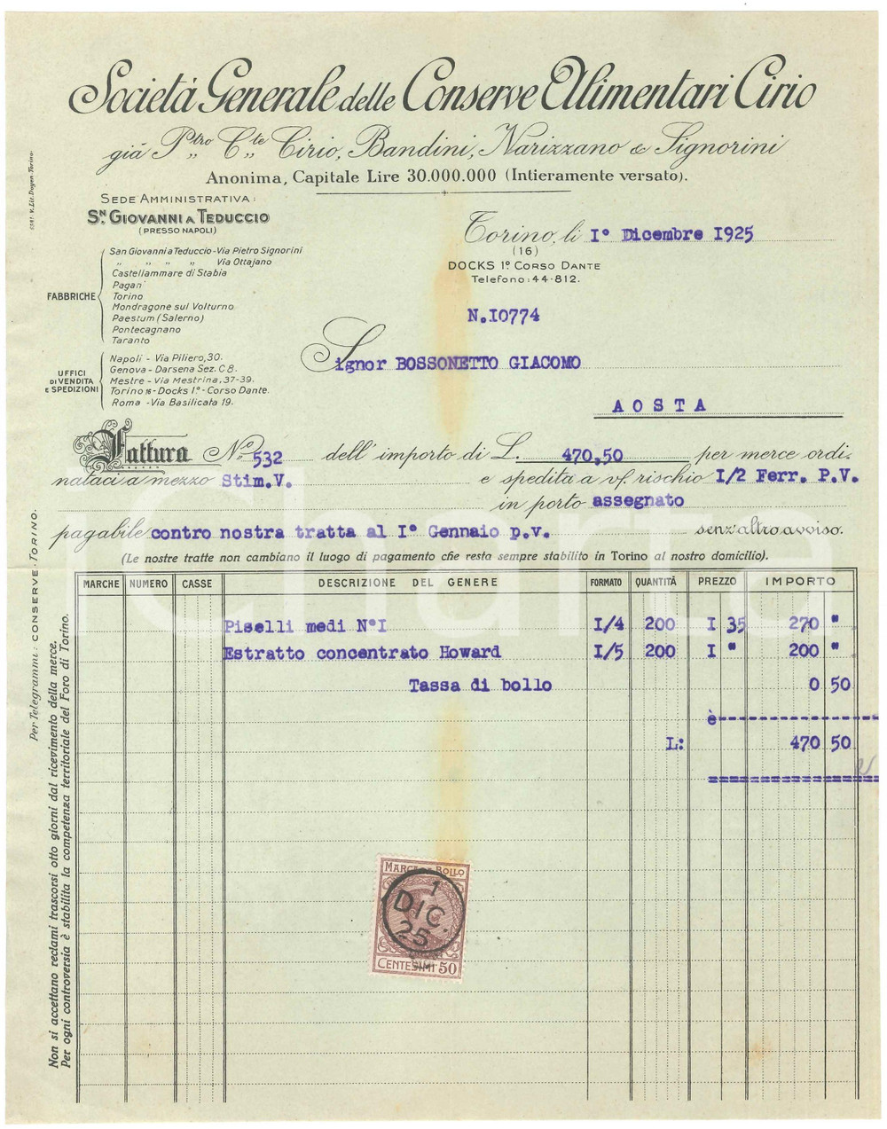 1925 TORINO Corso Dante - Società Generale Conserve Alimentari CIRIO - Fattura